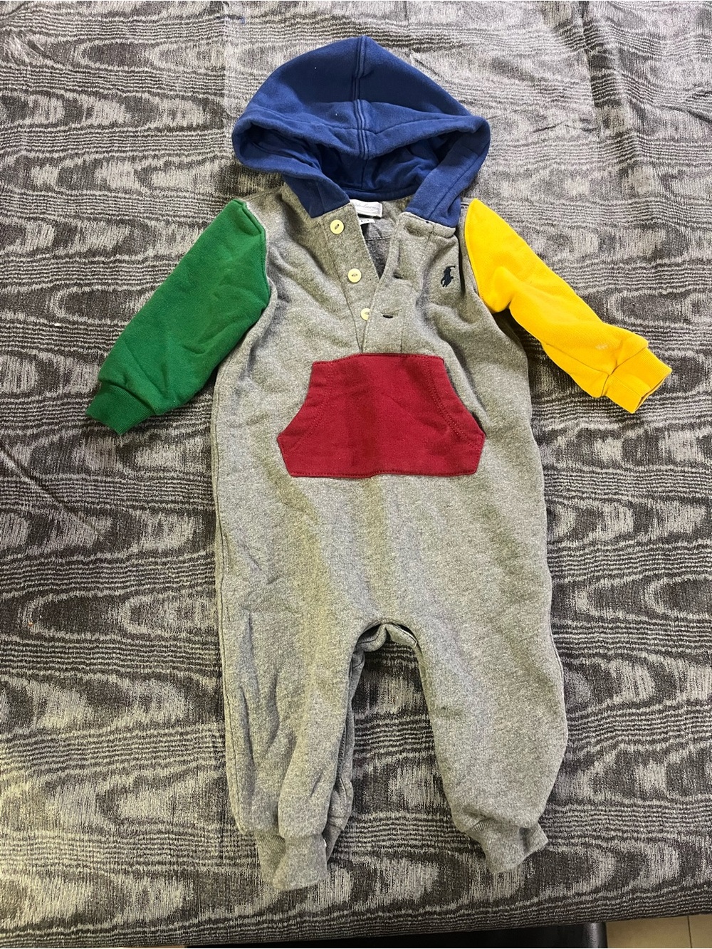 Ralph Lauren Gray One-Piece with Blue Hood, Green and Yellow Sleeves